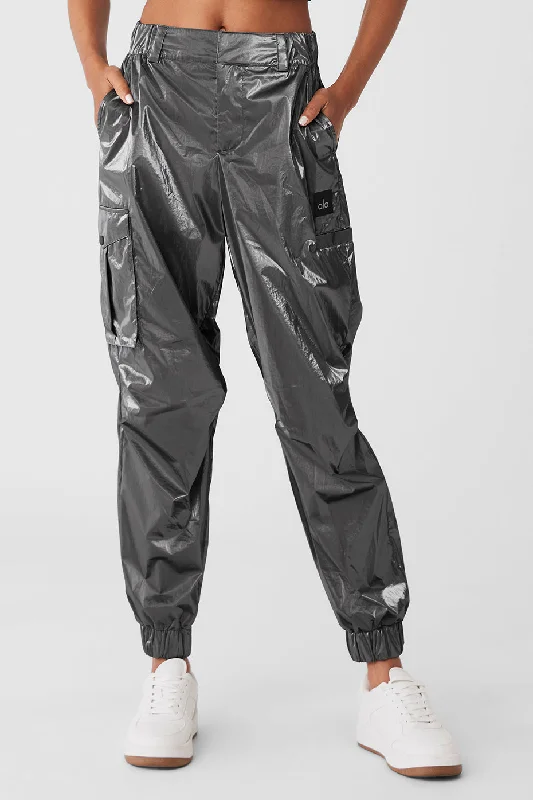 One-DAY Sale SaleMetallic High-Waist Break Line Jogger - Silver Metallic